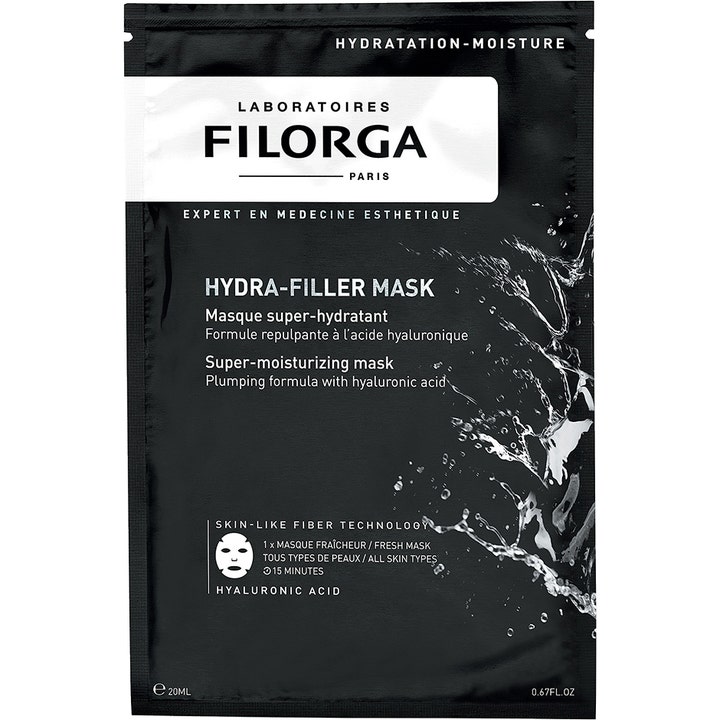 Filorga Hydra-Filler Mask 20ml återfuktande mask med hyaluronsyra i svart sachet prydd med grafiska vattenstänk.