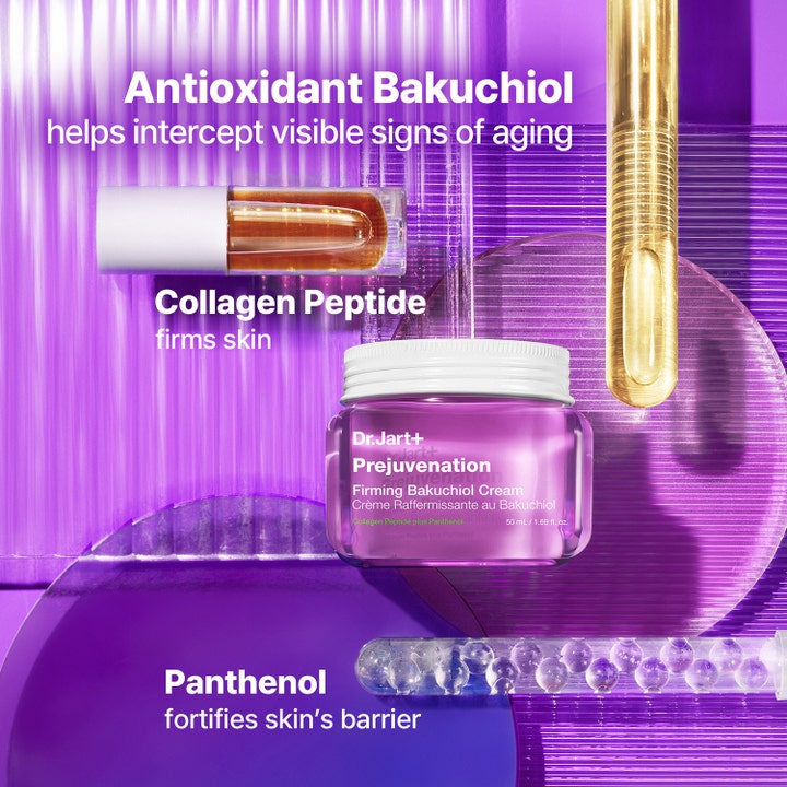Dr.Jart+ Prejuvenation Firming Bakuchiol Cream 50 ml uppstramande bakuchiol kräm i lila glasburk med laboratorieglas