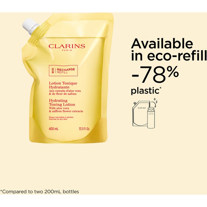 Clarins Hydrating Toning Lotion 400 ml återfuktande ansiktsvatten med aloe vera i en gul eco-refill påse.