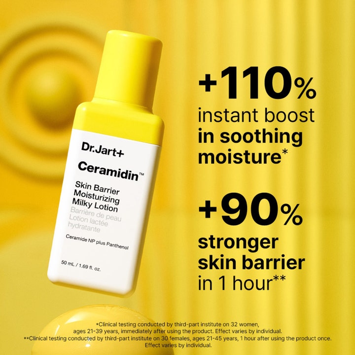 Dr.Jart+ Ceramidin Milky Lotion 50 ml återfuktande ceramider hudbarriär kräm i vit flaska med text om fuktboost.