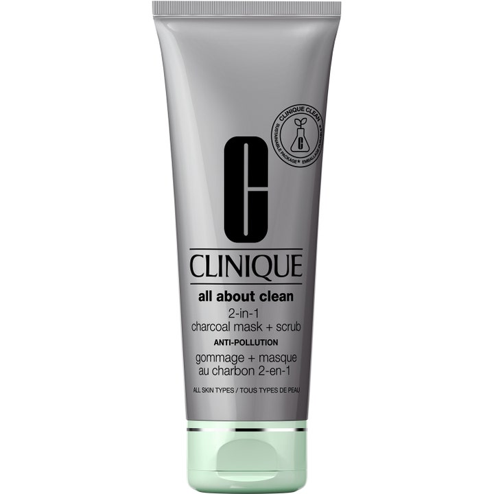 Clinique All About Clean 2-in-1 Charcoal Mask + Scrub rengörande ansiktsmask i grå tub med mintgrönt lock