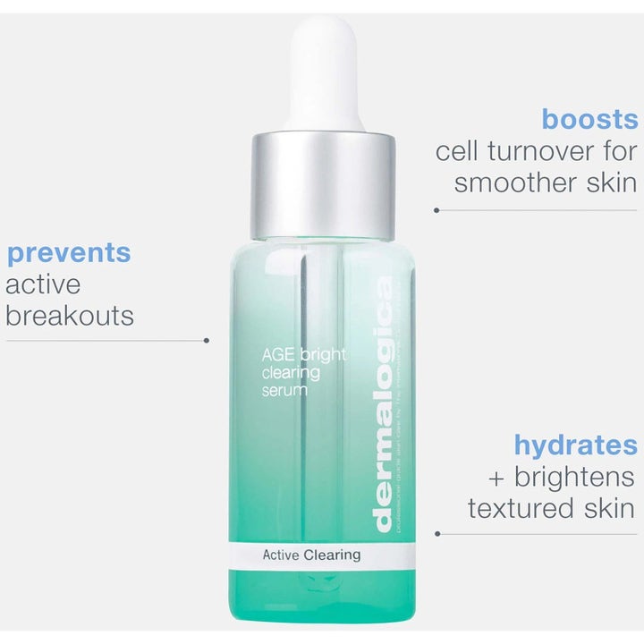 Dermalogica AGE Bright Clearing Serum med niacinamid i turkos glasflaska som ger lyster och motverkar blemmor