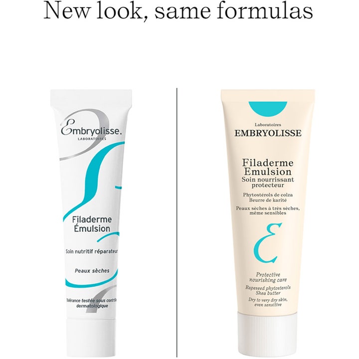 Embryolisse Filaderme Emulsion 75 ml närande kräm för torr hud visar ny beige tub bredvid gammal vit förpackning.