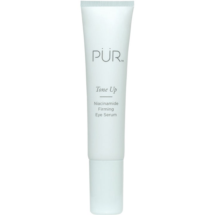 PÜR Tone Up Niacinamide Firming Eye Serum fasthetsgivande PÜR ögonserum i en ljusblå tub för PÜR niacinamide hudvård.