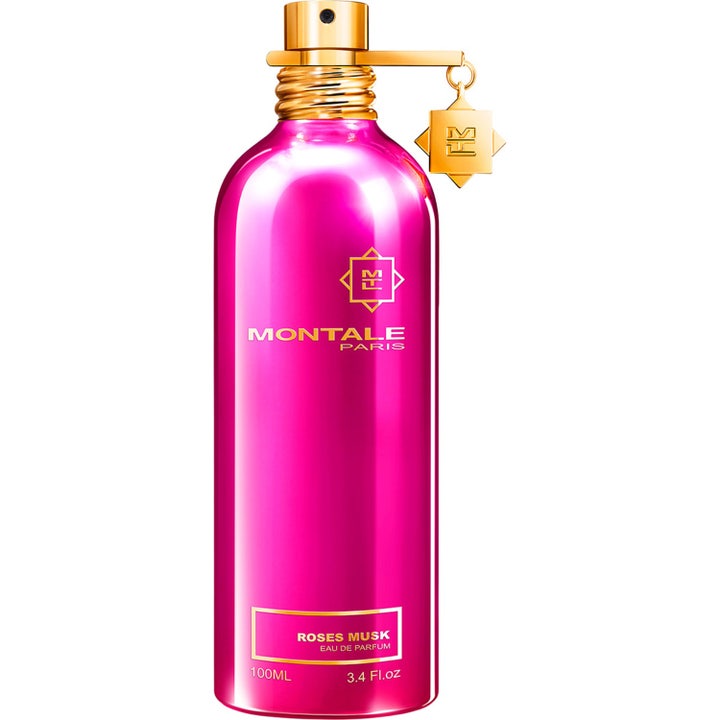 Montale Roses Musk 100 ml eau de parfum parfym i en glänsande ceriserosa metallflaska med guldiga detaljer och berlock