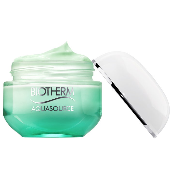 Biotherm Aquasource 50 ml fuktgivande ansiktskräm för normal hud i grön glasburk med krämig ljusgrön textur