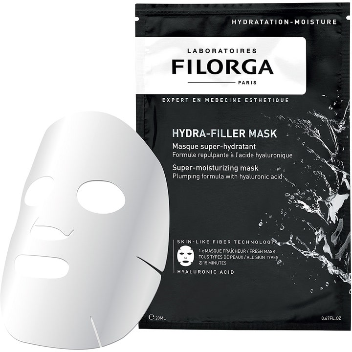 Filorga Hydra-Filler Mask 23 g fuktgivande ansiktsmask premium med hyaluronsyra och utfälld vit sheet mask.