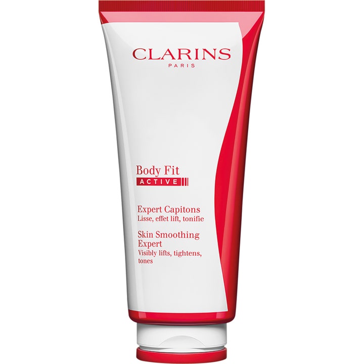 Clarins Body Fit Active Skin Smoothing Expert för cellulitreducering i vit och röd plasttub ger aktiv hudslätning.