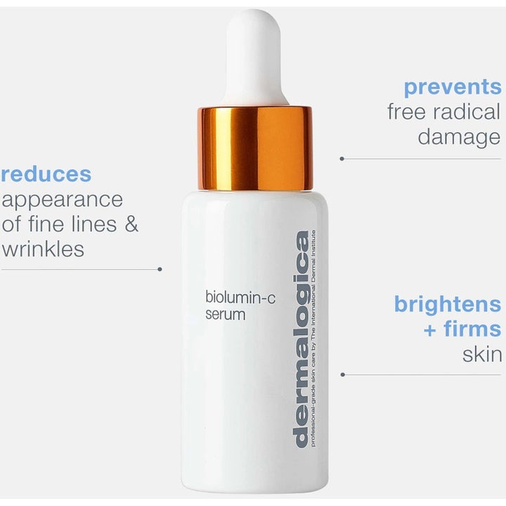 Dermalogica BioLumin-C Serum ger lyster och fasthet i en vit glasflaska med guldlock och pipett