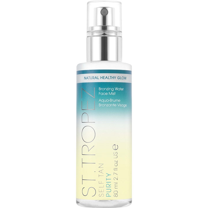 St. Tropez Self Tan Purity 80 ml självbrunande ansiktsmist ger lyster i genomskinlig flaska med silverpump.