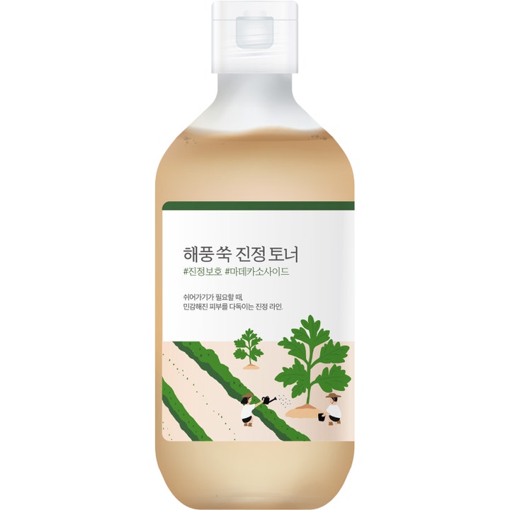 Round Lab Mugwort Calming Toner 300ml lugnande ansiktsvatten i flaska med illustration av skörd på etiketten.