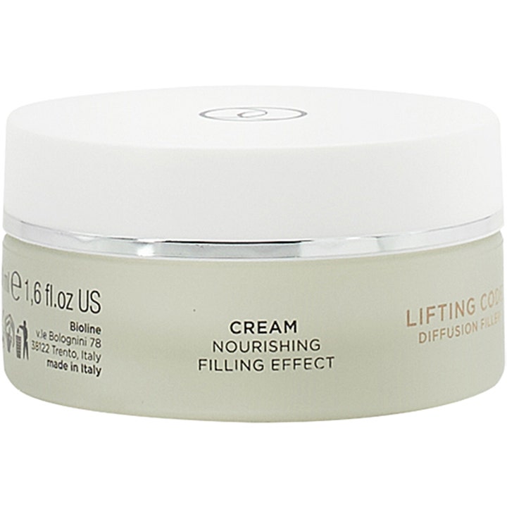 Bioline Lifting Code Cream 50 ml ansiktslyft kräm med filler effekt i frostad glasburk med vitt lock och silverkant