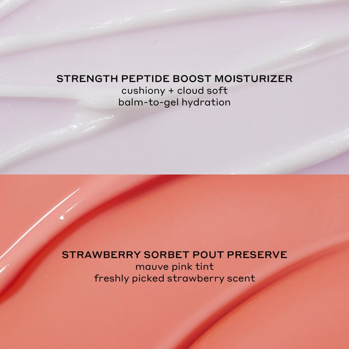 Ole Henriksen Plumping Peptide Pair 22 ml återfuktande hudvårdskit visar krämig lila ansiktskräm och glansig rosa läppvård.