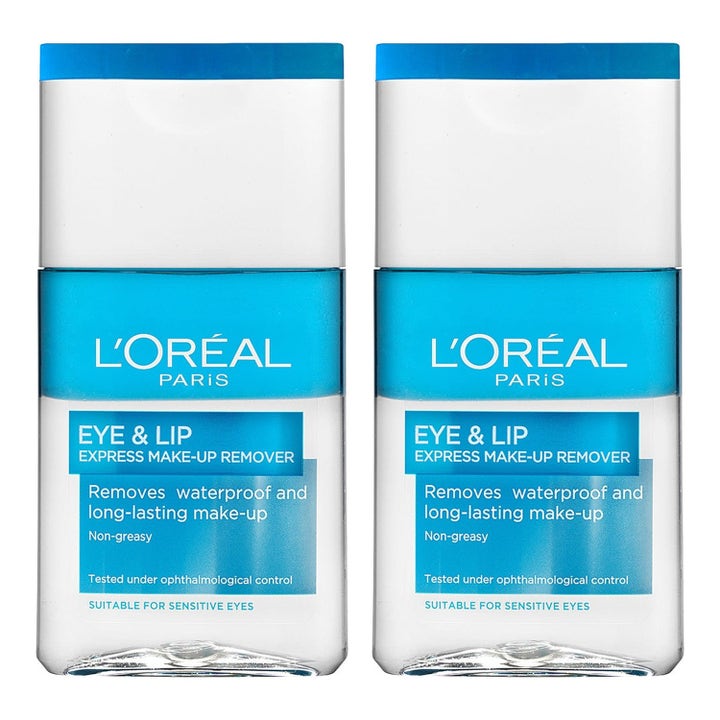 L'Oréal Paris Eye & Lip Express Make-up Remover 2-pack effektiv vattenfast sminkborttagning för sensitiv hud i blå flaskor