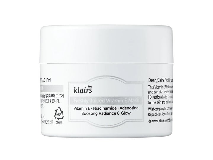 Klairs Vitamin E Mask Adenosin 15ml lysterivande ansiktsmask med niacinamid i en vit plastburk med silvriga detaljer