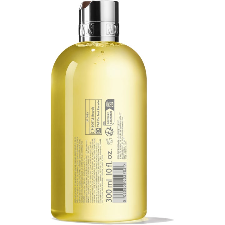 Molton Brown Orange & Bergamot 300 ml lyxig duschtvål i genomskinlig plastflaska sedd från baksidan