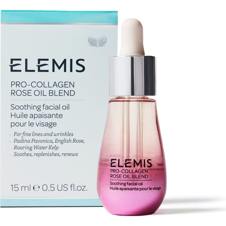 Elemis Pro-Collagen Rose Facial Oil 15 ml lugnande rosolja ansikte i rosa tonad glasflaska med silverkork