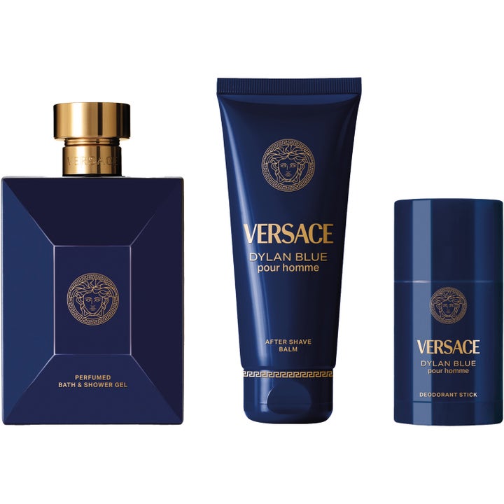 Versace Pour Homme Dylan Blue 250 ml maskulin badgel i mörkblå flaska med matchande after shave balm och deostick