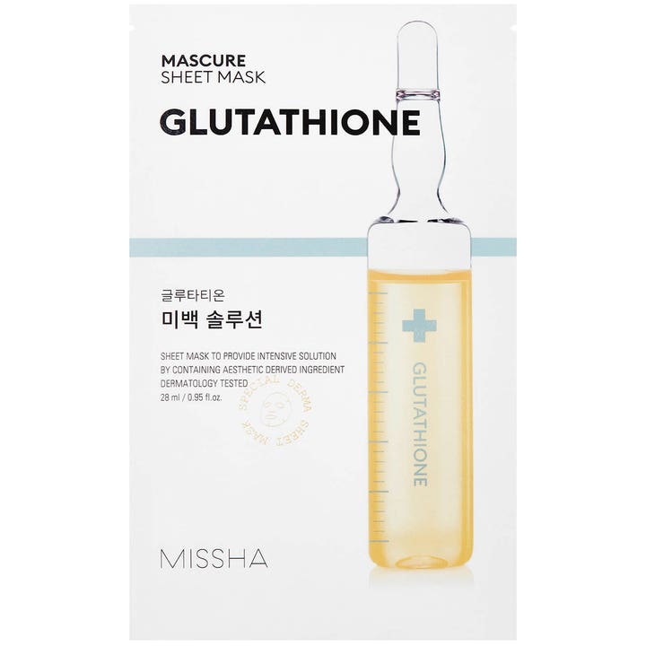 Missha Mascure Sheet Mask Glutathione 28 ml lystergivande koreansk sheet mask i vit förpackning med en stor gul ampull