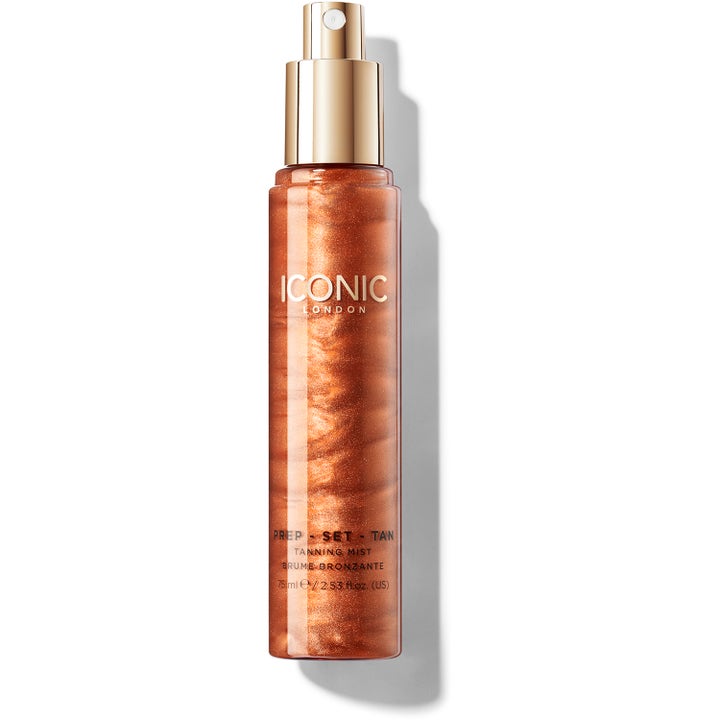 ICONIC London Prep Set Tan Tanning Mist Glow 75 ml brun utan sol spray ger lyster med skimrande bronsmist och guldpump