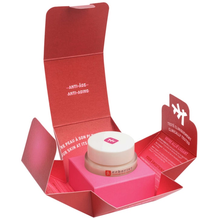Erborian Ginseng Power Eye 15 ml anti-aging ögonkräm i burk inuti en utfälld röd ask märkt clinically tested.