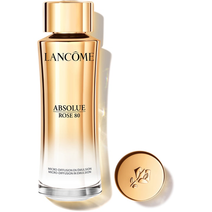 Lancôme Absolue Rose 80 antiaging rosvård för lyster i en elegant guldtonad glasflaska med guldlock.