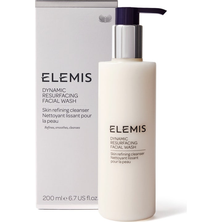 Elemis Dynamic Resurfacing Facial Wash 200 ml ansiktsrengöring för jämnare hud i vit pumpflaska med matchande kartong.