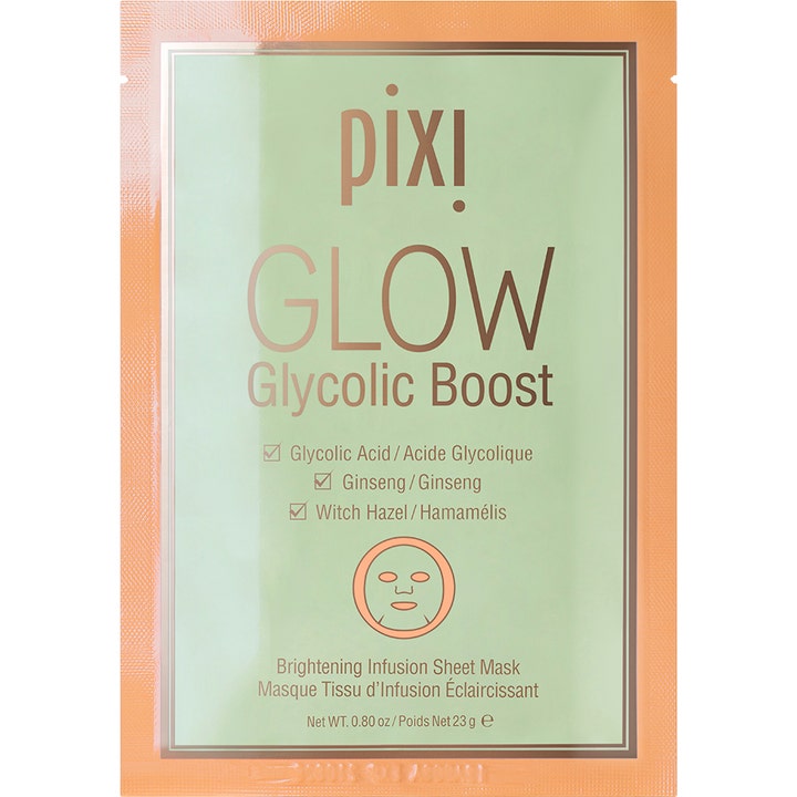 Pixi Glow Glycolic Boost 23 g brightening infusion sheet mask är en aha mask som ger lyster i mintgrön och orange påse.