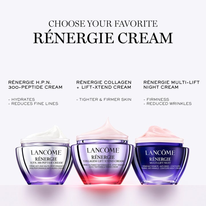 Lancôme Rénergie Collagen+ Lift-Xtend Cream 50 ml uppstramande dagkräm i lila glasburk bland tre varianter.
