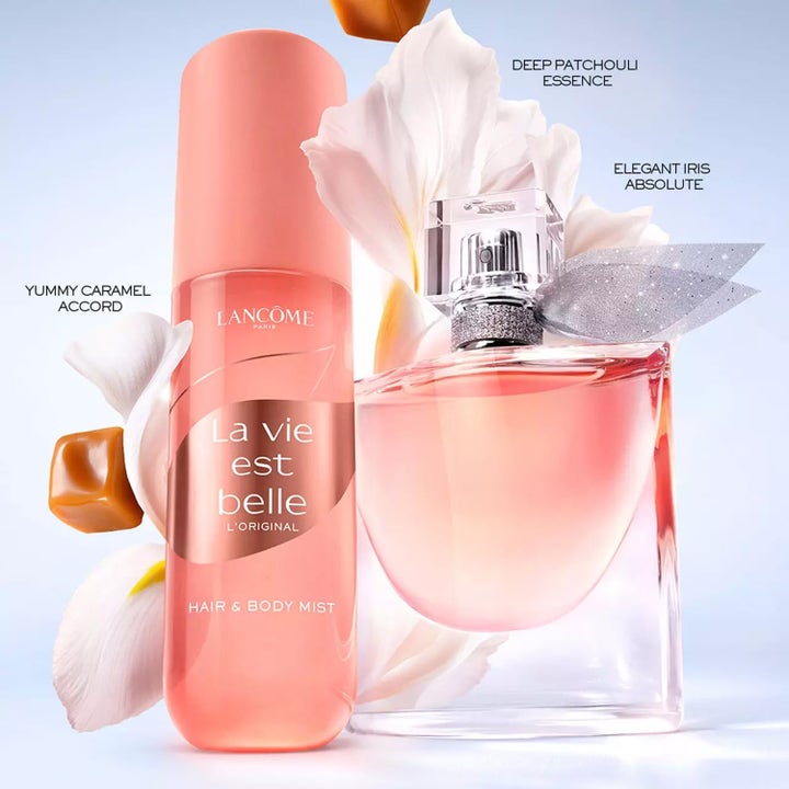 Lancôme La Vie est Belle Hair And Body Mist 100 ml kroppsvård i persikofärgad flaska med vita iris och kola.
