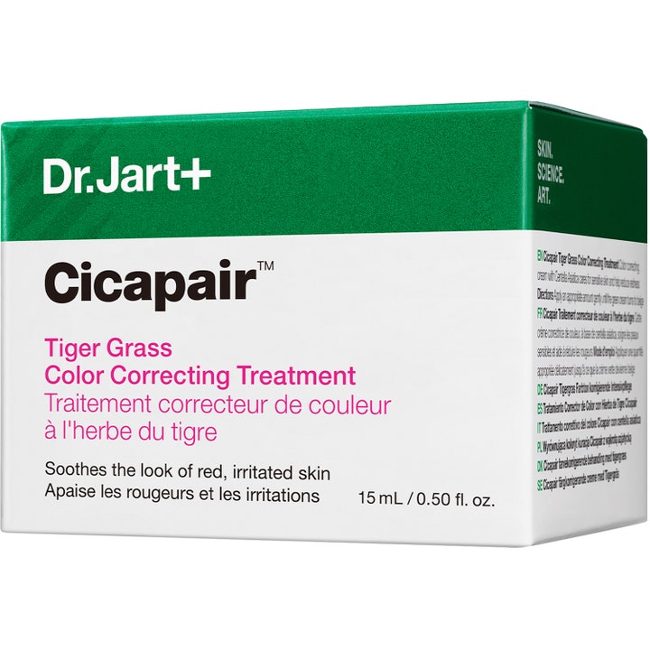 Dr.Jart+ Cicapair Tiger Grass Color Correcting Treatment 15 ml dämpande cc-kräm i grönvit box för irritationsbehandling.