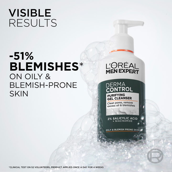 L'Oréal Paris Men Expert Derma Control Purifying Gel Cleanser 260 ml ansiktsrengöring i vitt skum och bubblor