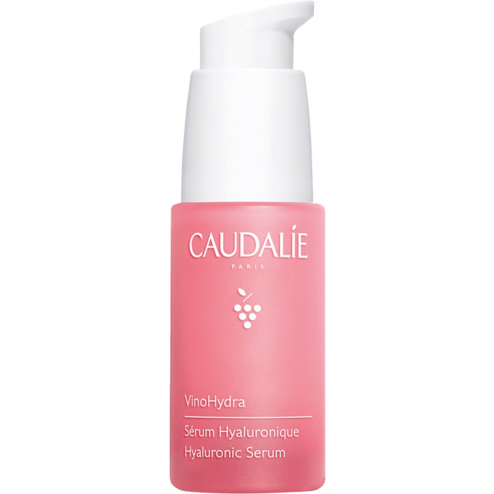 Caudalie VinoHydra Hyaluronic Serum 30 ml fuktgivande hyaluronsyra ansikte i rosa frostad glasflaska med vit pump