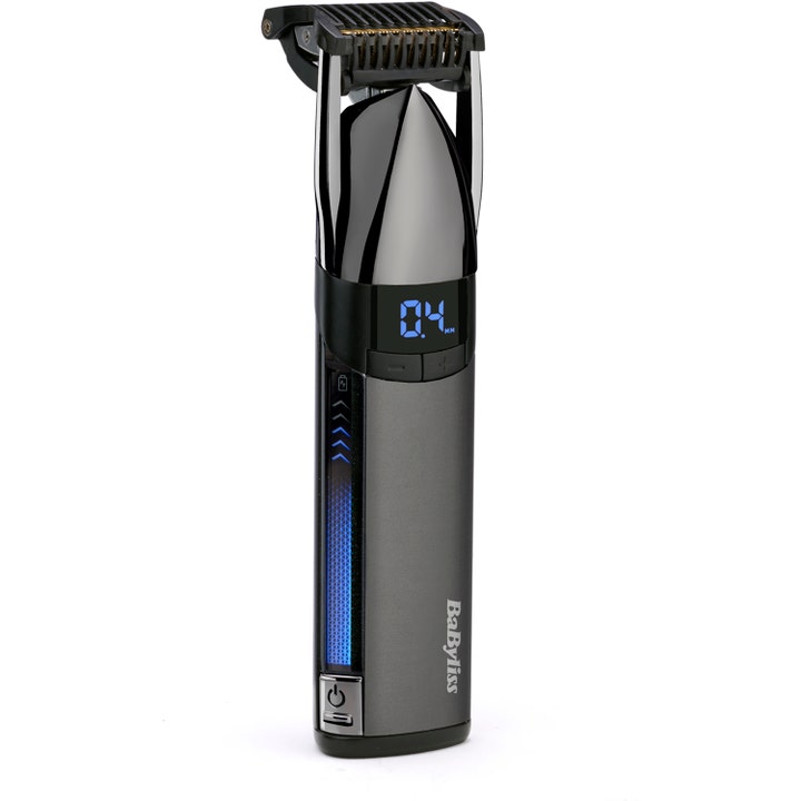 BaByliss skäggtrimmer stubbtrimmer utan sladd i grå design med digital display som visar klipplängd 0.4 mm.