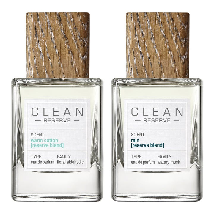Clean Warm Cotton & Rain Reserve Blend 2x 50 ml clean floral parfym set i glasflaskor med lock av ljust trä