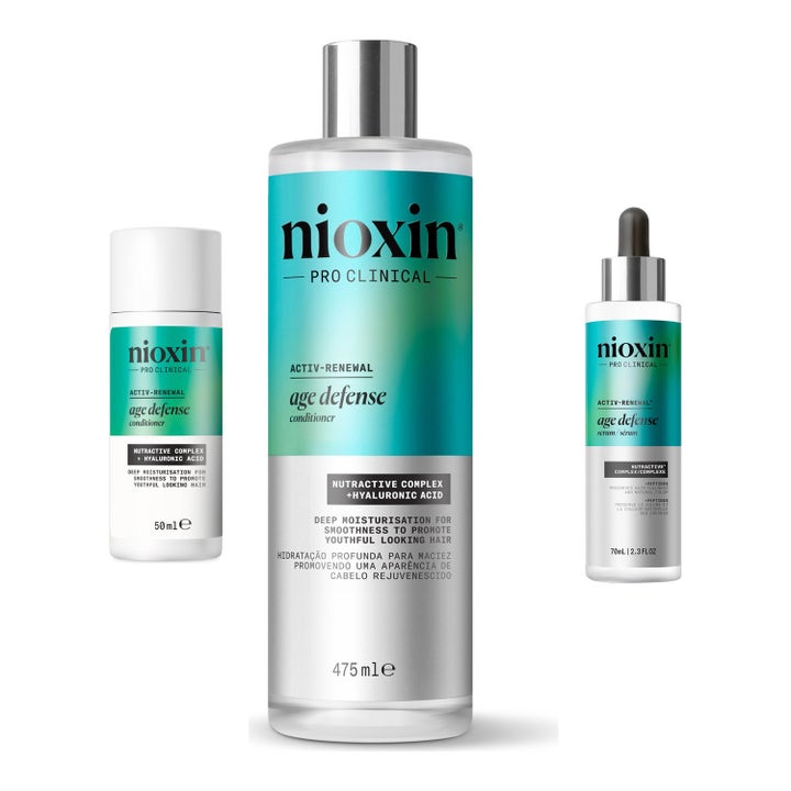 Nioxin Age Defense Conditioner och Serum 595 ml mot håravfall i vita och silvriga flaskor med turkos etikett och pipett