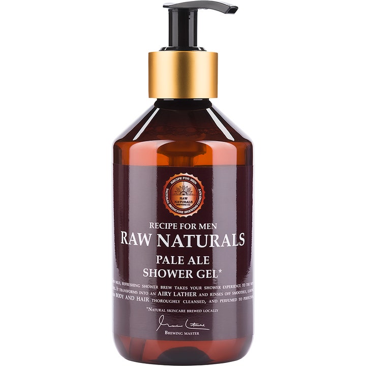 Raw Naturals Pale Ale Shower Gel 300ml är en lyxig duschtvål för män med humle i bärnstensfärgad flaska med guldpump.