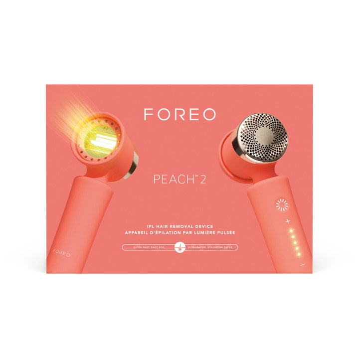 FOREO PEACH 2 IPL-hårborttagningsenhet i persikofärgad förpackning som ger permanent hårreducering.