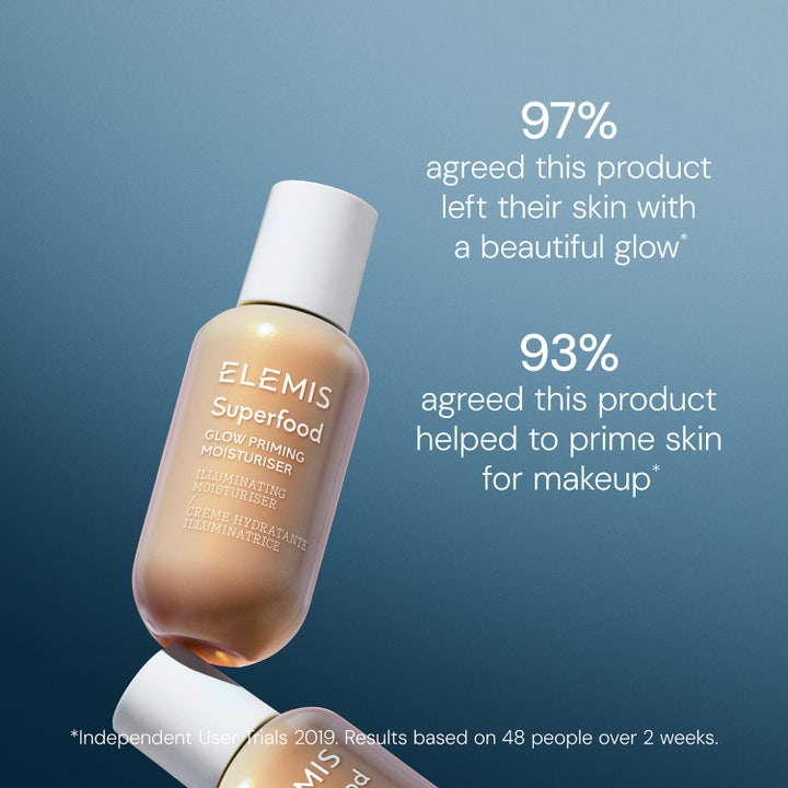 Elemis Superfood Glow Priming Moisturiser 60 ml lystergivande glowkräm i flaska med text om 97% glow och 93% primer.
