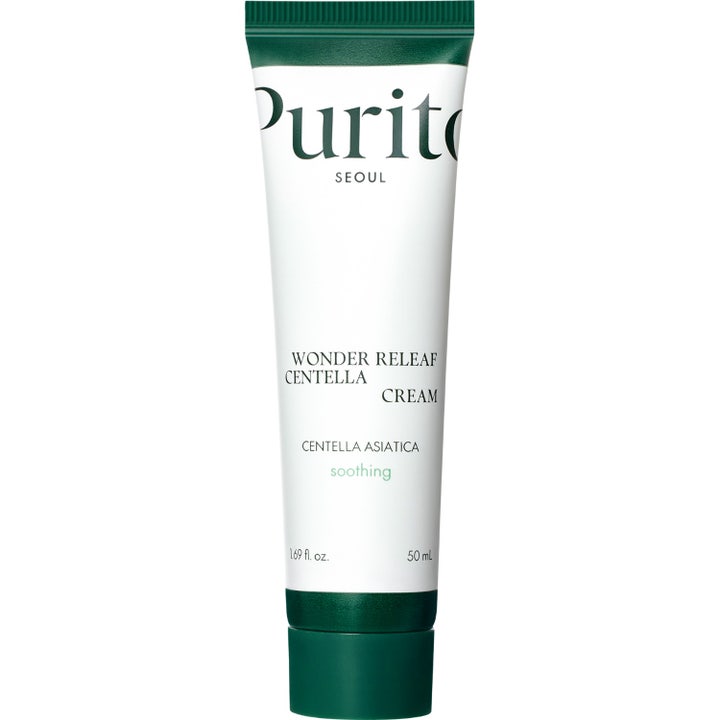 Purito Wonder Releaf Centella Cream 50 ml lugnande ansiktskräm i vit tub med mörkgrönt lock.