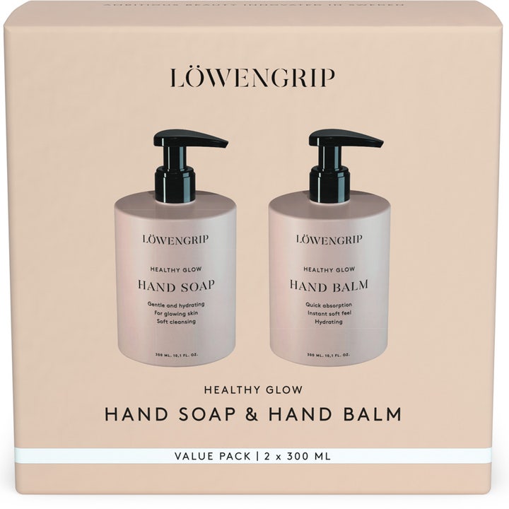Löwengrip Healthy Glow Hand Soap & Hand Balm 2x300 ml lystergivande tvål och handkräm set i beige flaskor med svarta pumpar