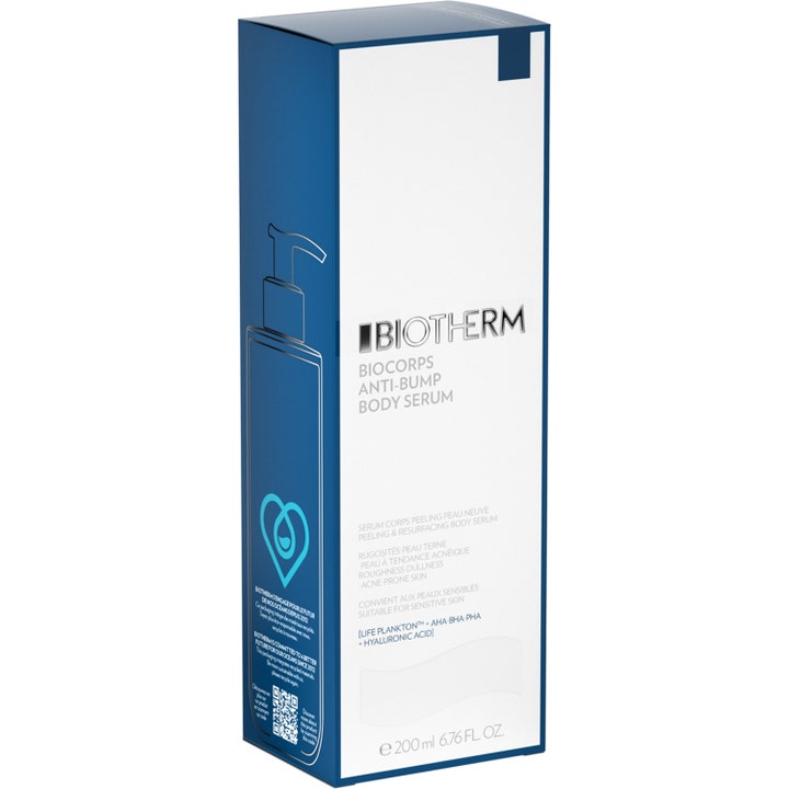 Biotherm Biocorps Body Serum 200 ml kemisk peeling kropp i en vit och blå ytterbox som ger förnyad lyster.