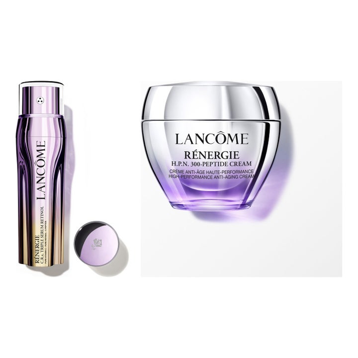 Lancôme Rénergie H.P.N. Cream och Triple Serum ger fastare hud i lila metalliska behållare med ett blått podium.