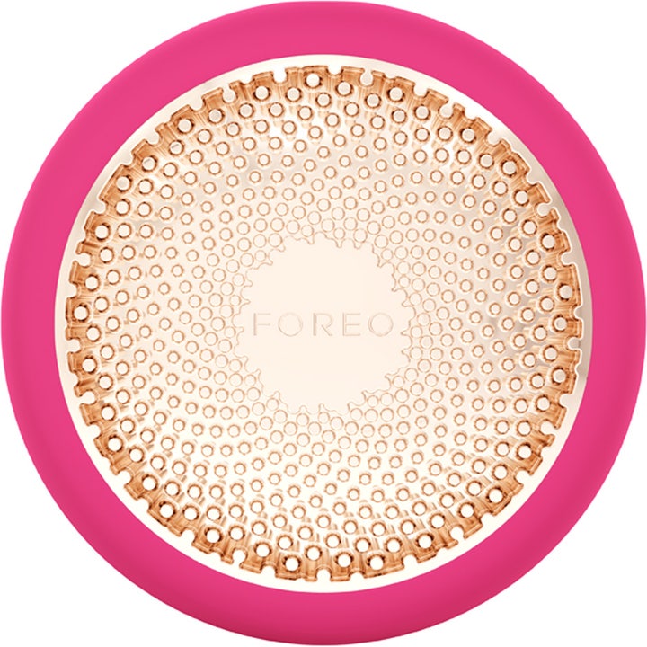 FOREO UFO 3 Fuchsia 1 st lyxig återfuktande hudvärdsteknologi med mönstrad guldplatta för ansiktsbehandling hemma LED