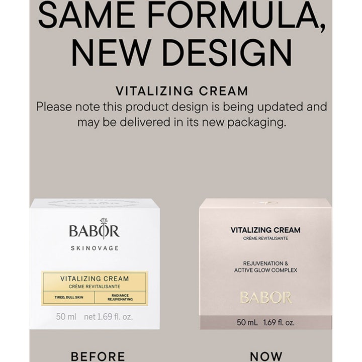 Babor Vitalizing Cream 50 ml vitaliserande anti-age kräm i frostat glas bland andra produkter och gula vaser.