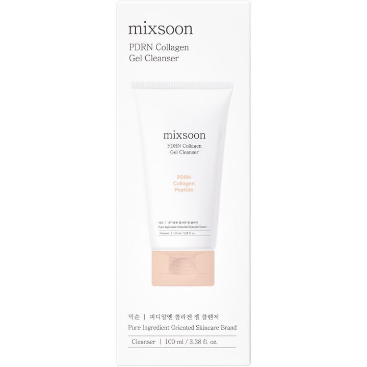 Mixsoon PDRN Collagen Gel Cleanser 100 ml återfuktande gelrengöring med peptide i vit tub och vit ytterbox.