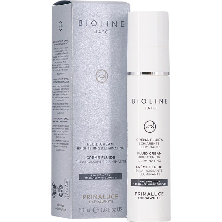 Bioline Jatò Primaluce Fluid Cream 50 ml lystergivande ansiktskräm i vit flaska med silvrig ytterkartong