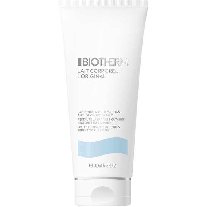 Biotherm Lait Corporel 200 ml biotherm kroppslotion anti-uttorkande i vit tub med en blå våg som återfuktar huden.