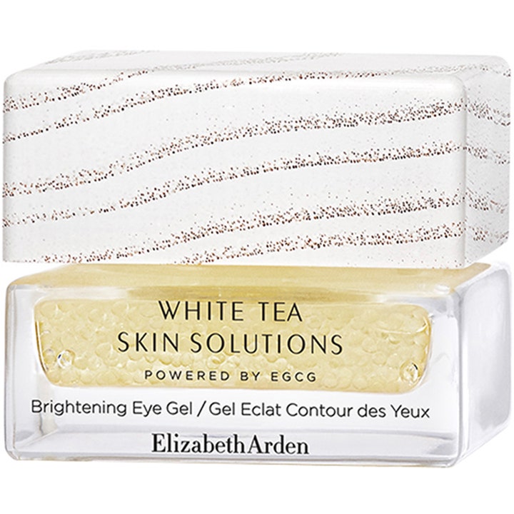 Elizabeth Arden White Tea Skin Solutions strålande antiåldrande ögongel i glasburk med vita pärlor och mönstrat lock.