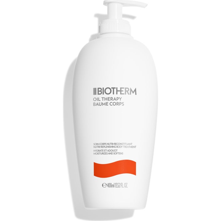 Biotherm Oil Therapy Baume Corps 400ml djupnärande hudvård i en vit pumpflaska som ger intensiv återfuktning.